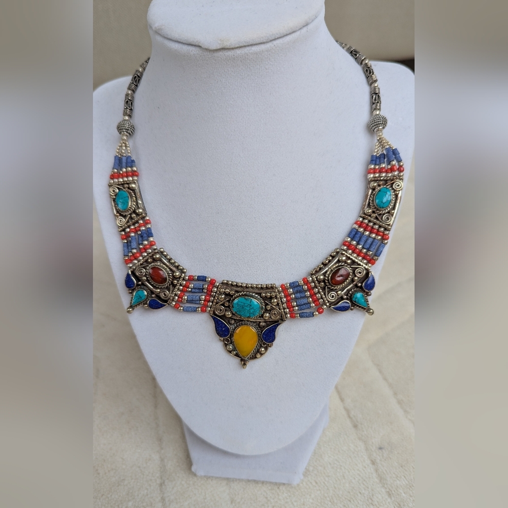 Vintage Tibetan Sterling Silver Multi Gemstone Necklace.